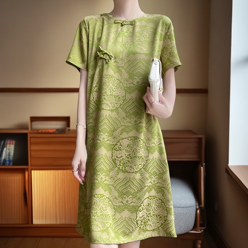 #50新中式风改良短袖连衣裙女圆领短袖复古盘扣宽松醋酸缎面薄款