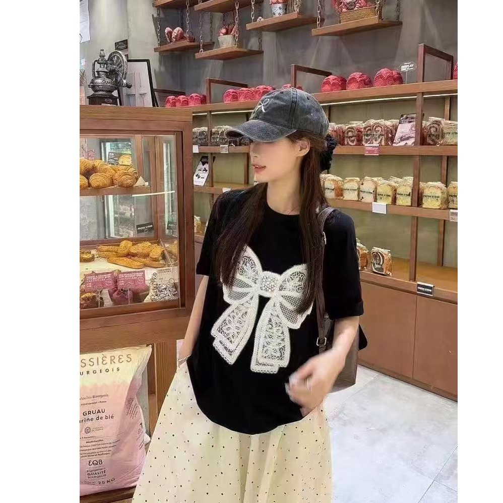 阳阳家设计感蕾丝刺绣蝴蝶结短袖松紧腰波点半身裙时尚两件套md