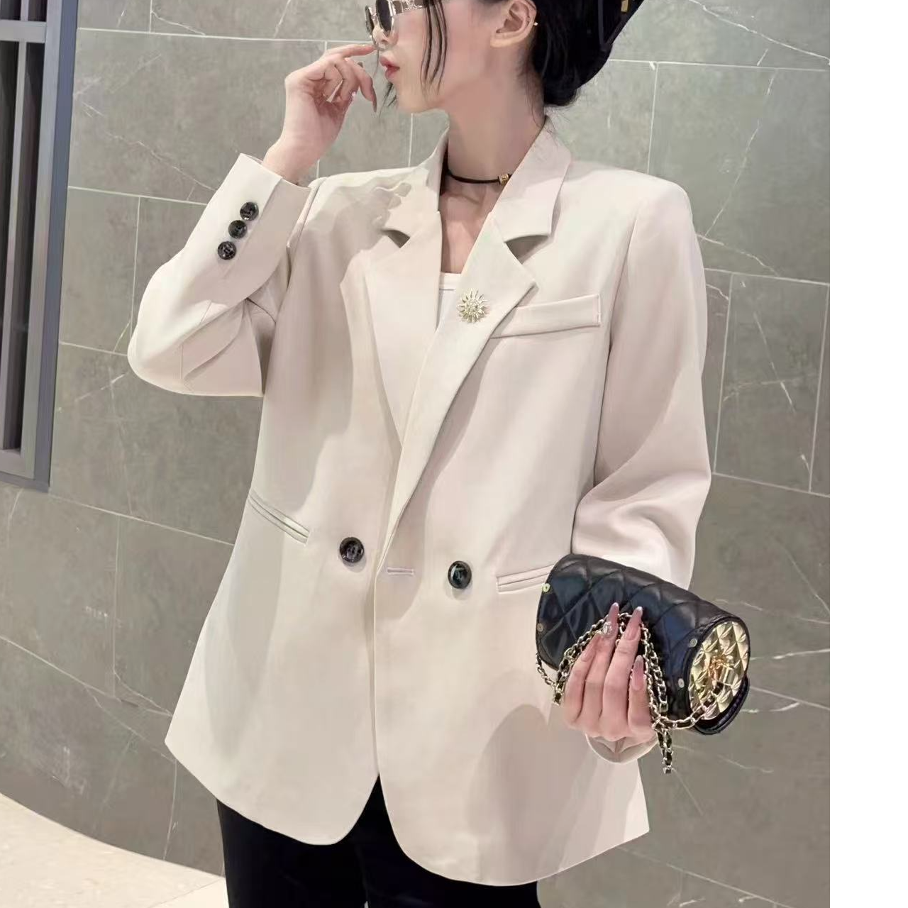 女装春秋时尚百搭气质宽松版型藏肉显瘦双排扣西装外套0815款