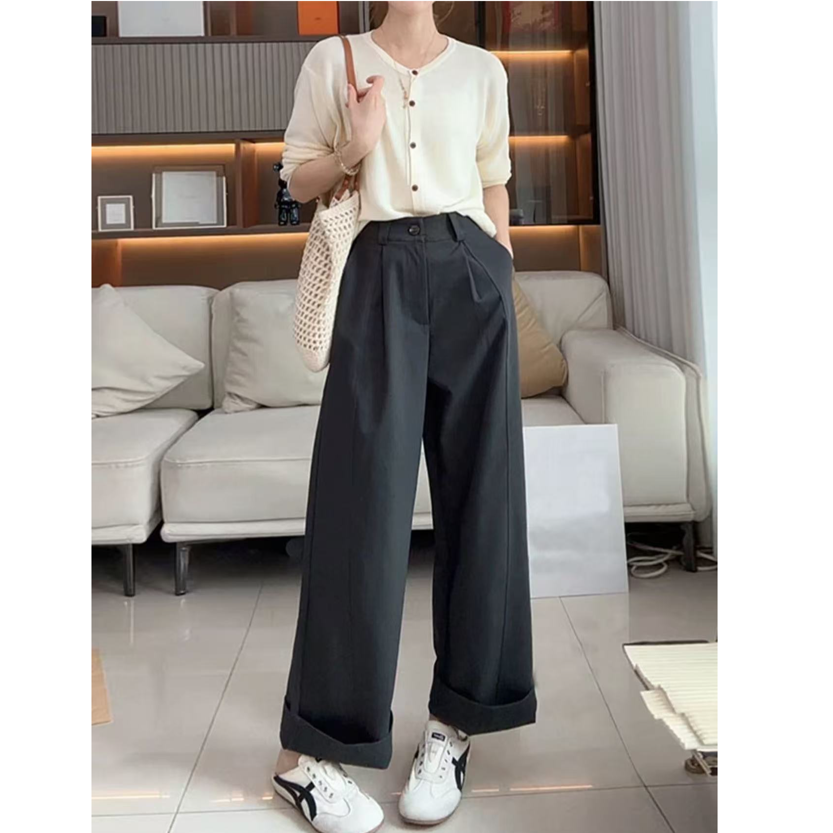 秋季2025新款女装立体剪裁长裤高腰垂感阔腿裤直筒休闲裤子女