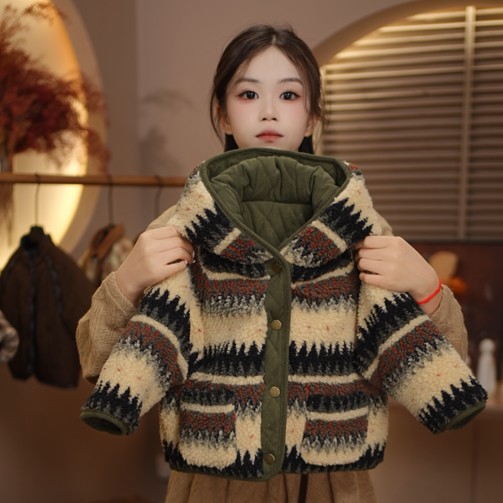 2025款儿童加绒加棉外套韩系休闲设计秋冬保暖双面穿外套25Y358