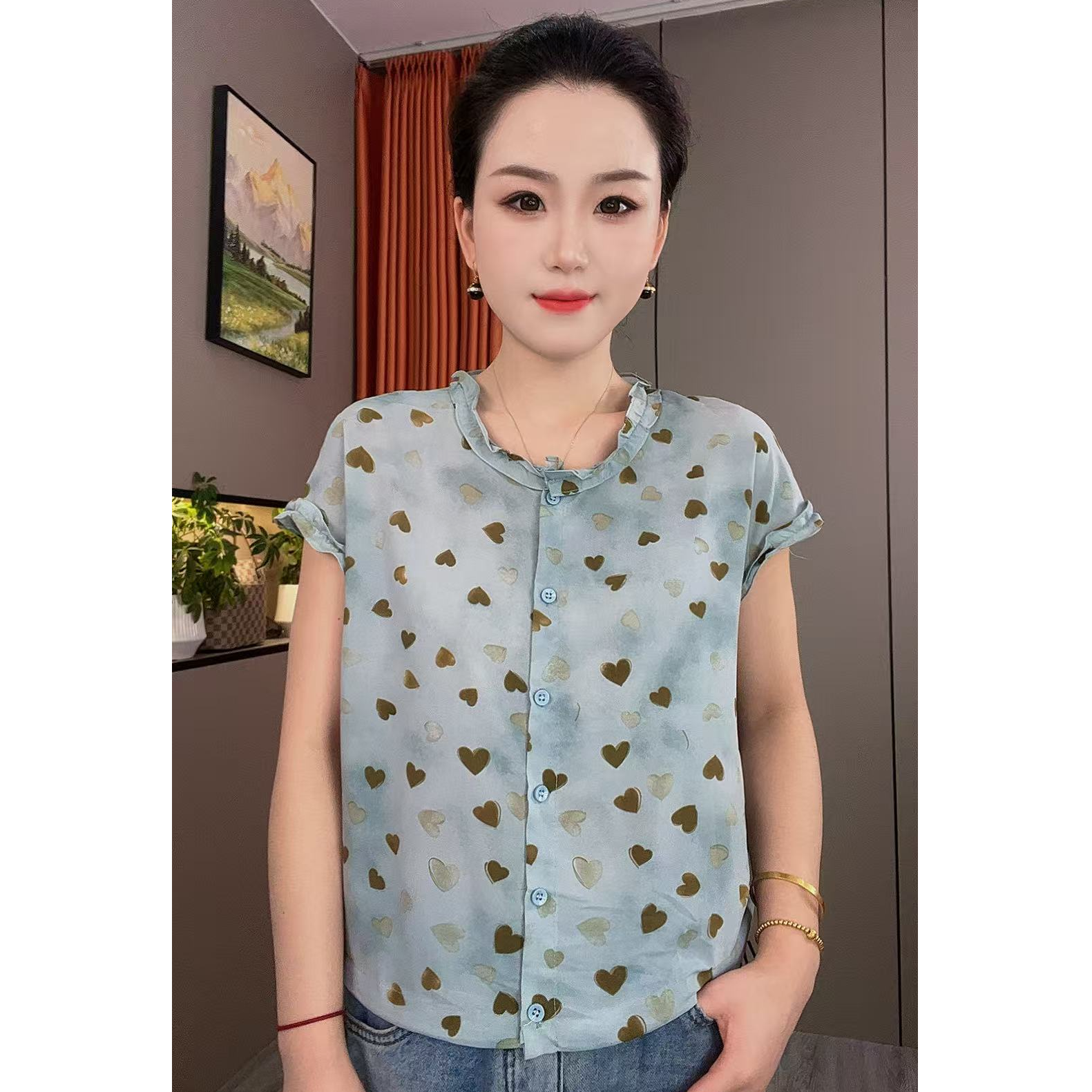 夏季女装新款衬衫洋气爱心印花显瘦短袖休闲衬衫上衣-1551