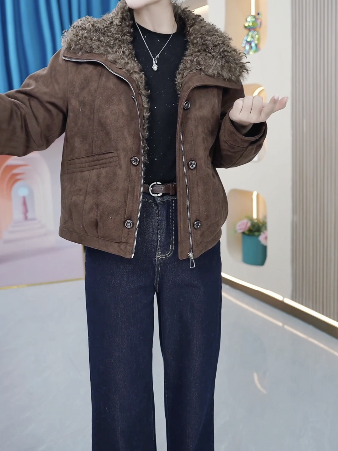 25865-2-DQ咖色翻领毛毛拼接加厚短外套