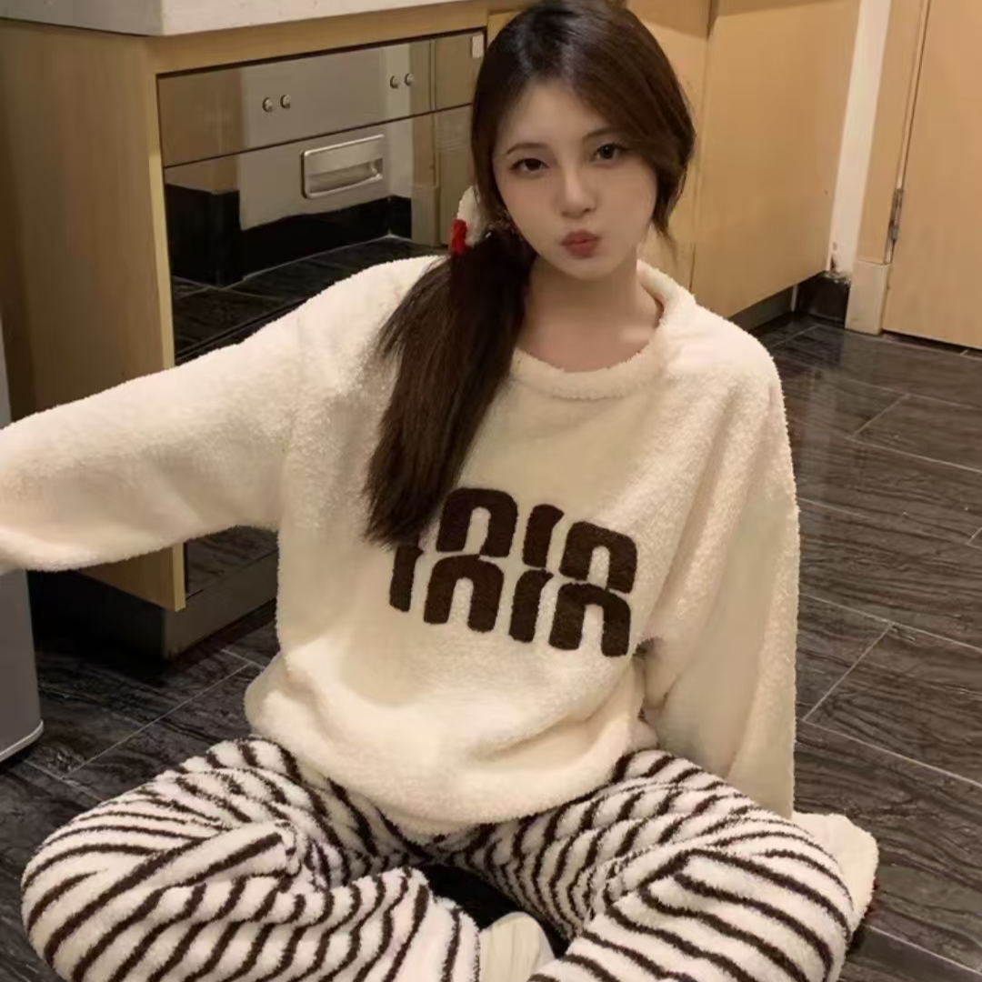 冬季套装女春秋外穿睡衣加厚百搭秋冬慵懒半边绒睡衣家居服-2509