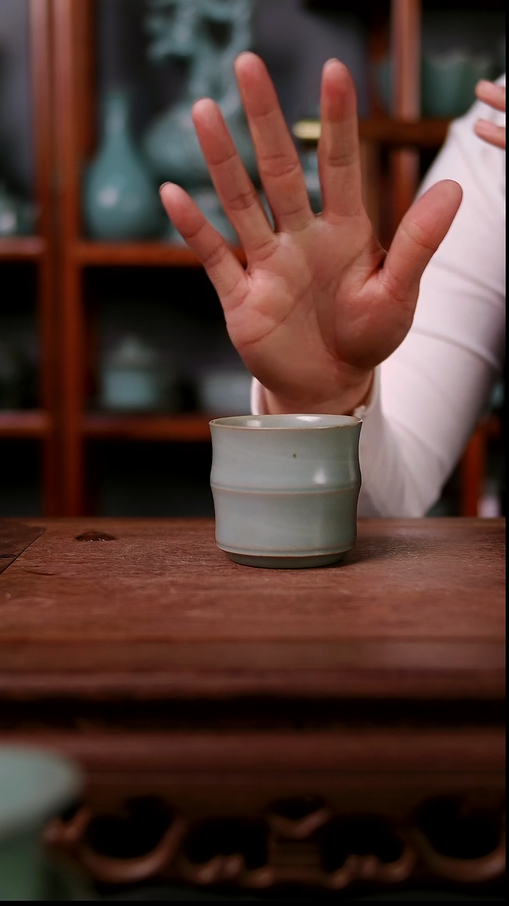 杯子陶青霁汝窑仿古釉  竹节杯微瑕