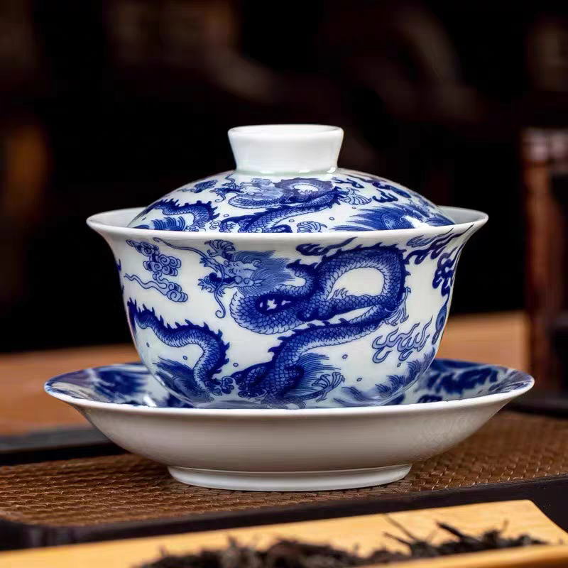 景德镇手工手作釉下彩青花龙纹高端陶瓷茶具三才元宝盖碗