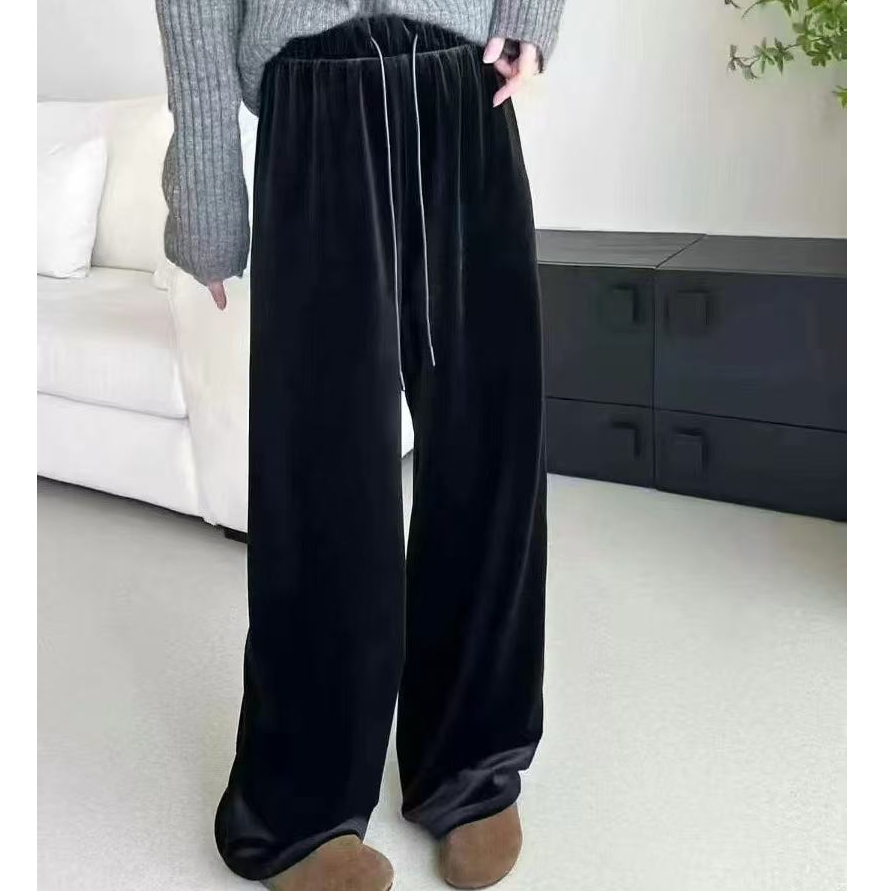 时尚金丝绒垂坠感阔腿休闲裤春款亮黑色高腰显瘦直筒裤女81218