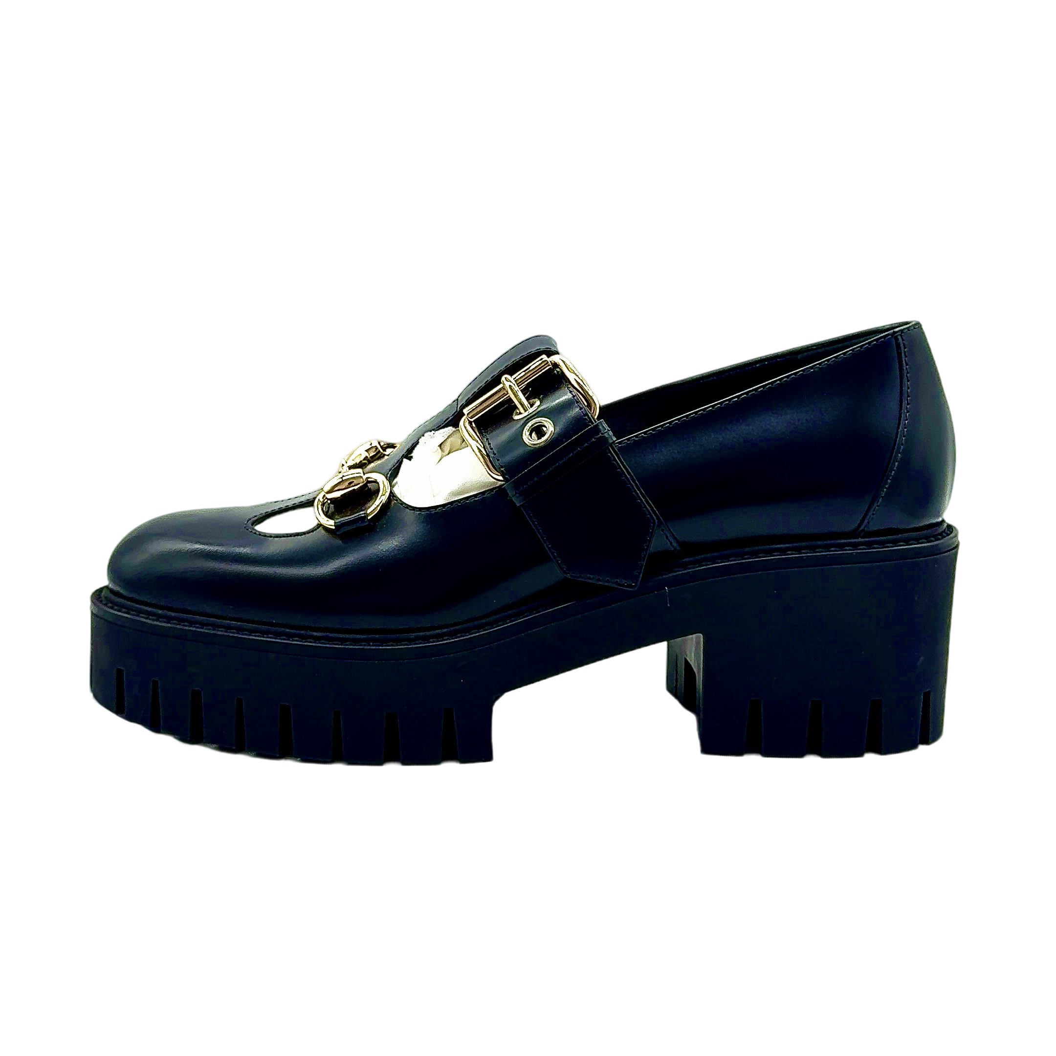 99新 GUCCI/古驰 35-40码/时尚经典黑色百搭圆头马衔扣厚底松糕鞋