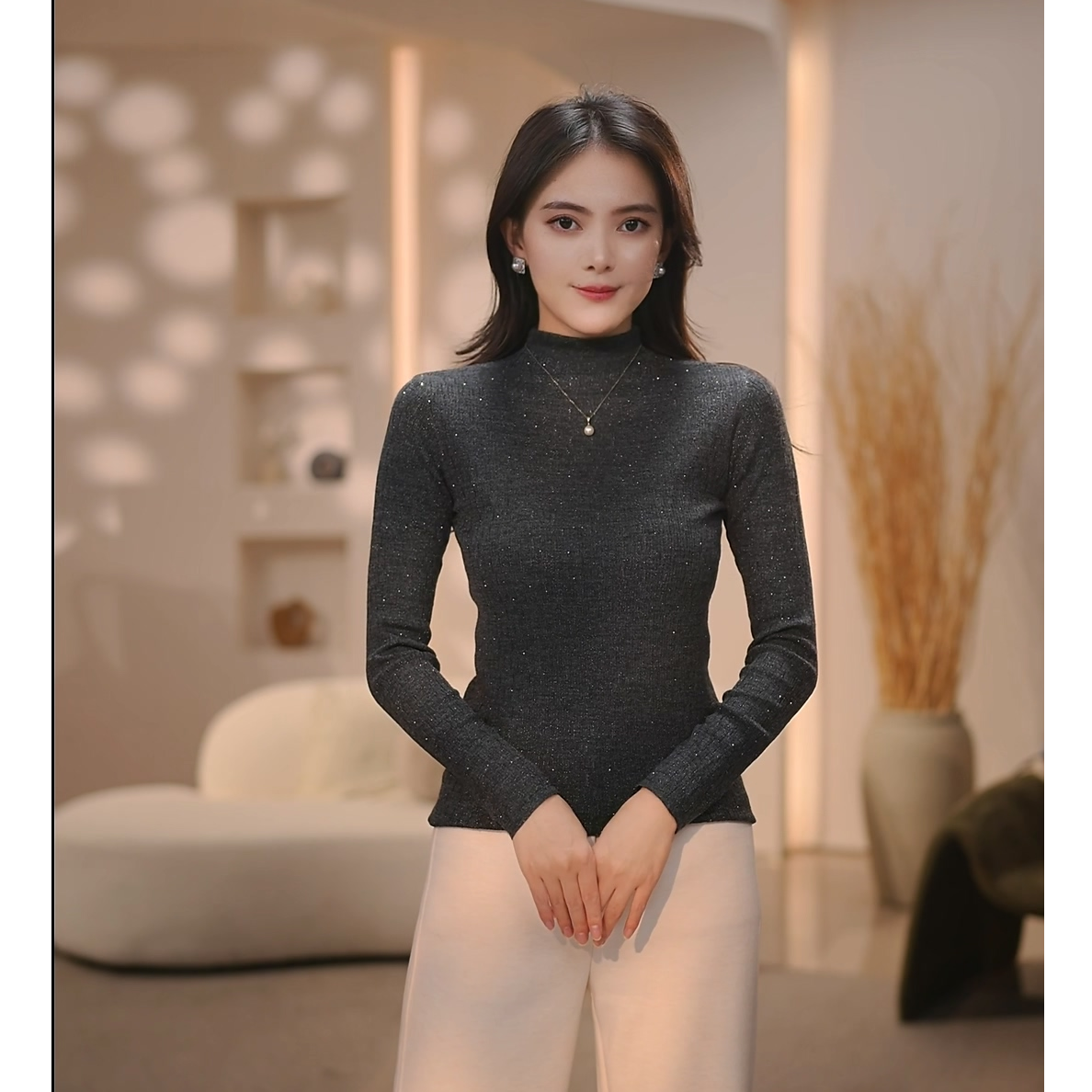 半高领2025春秋冬新款精致女人闪闪钻长袖极细羊毛显瘦长袖针织衫