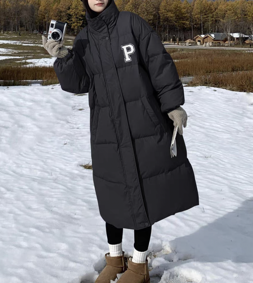 8621-1-DQ黑色立领P字母宽松加厚中长款外套