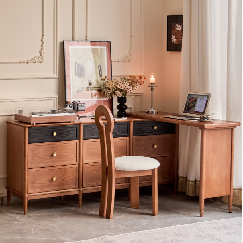 中古风胡桃色九斗柜复古转角柜全实木妆台白蜡木卧室床尾一体妆台
