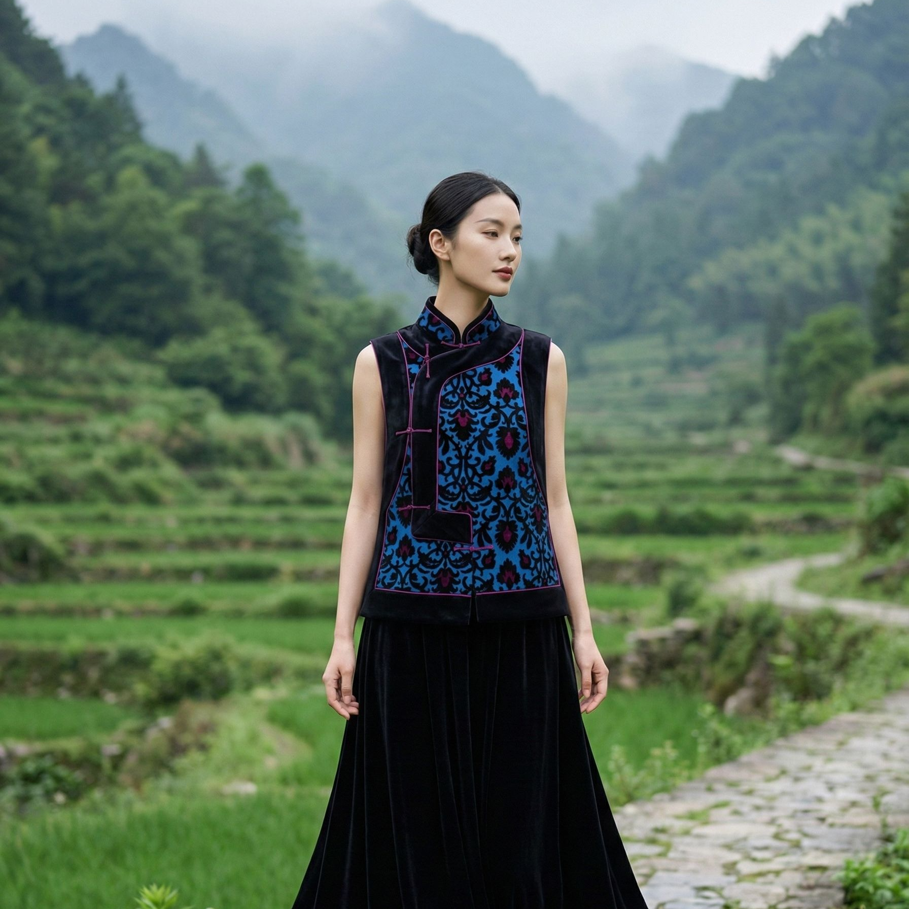 温柔自知 26SS 漳缎鸢尾花 丝绒 新中式马甲 2688