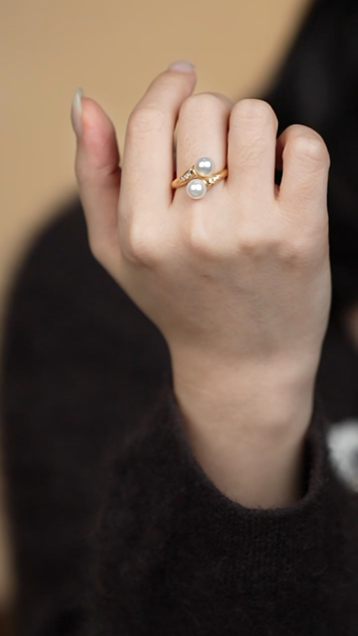 银S925镶嵌戒指海水珍珠6-7akoya双珠戒指