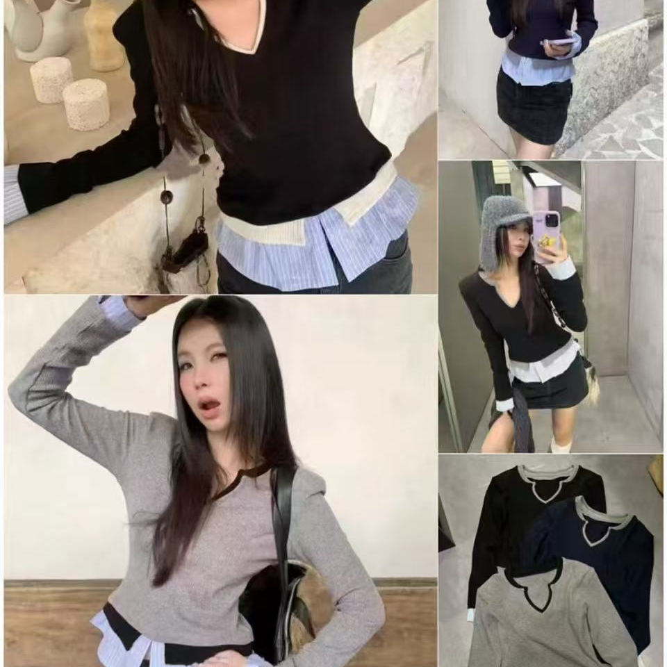 【9823】我#假两件拼接时尚百搭修身上衣