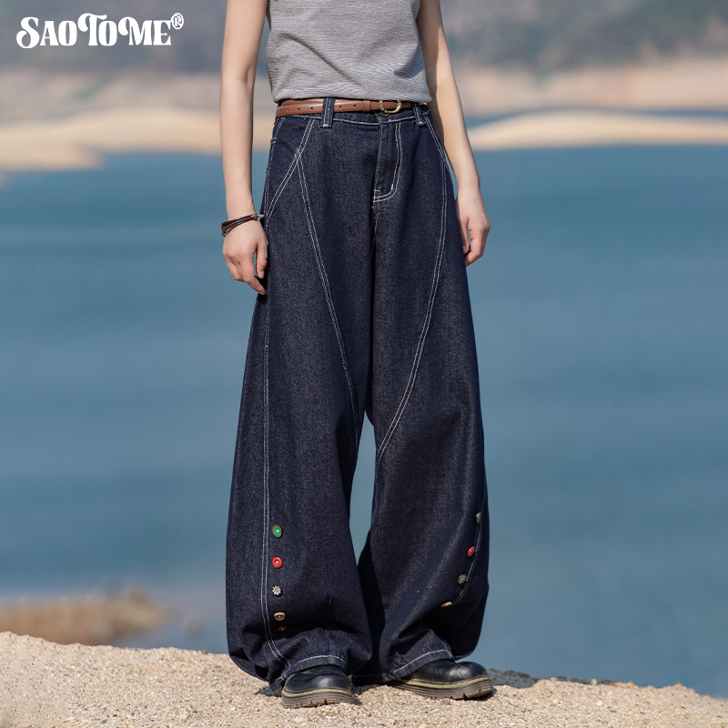 早乙女惠子「莫奈纽语」saotome 日系复古彩扣分割宽松弯刀牛仔2292