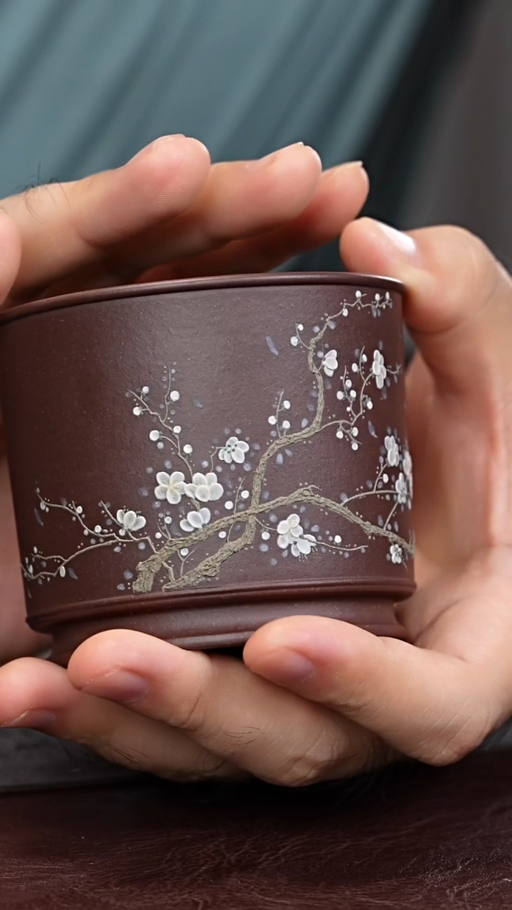 茶杯紫砂紫天青泥绘梅花