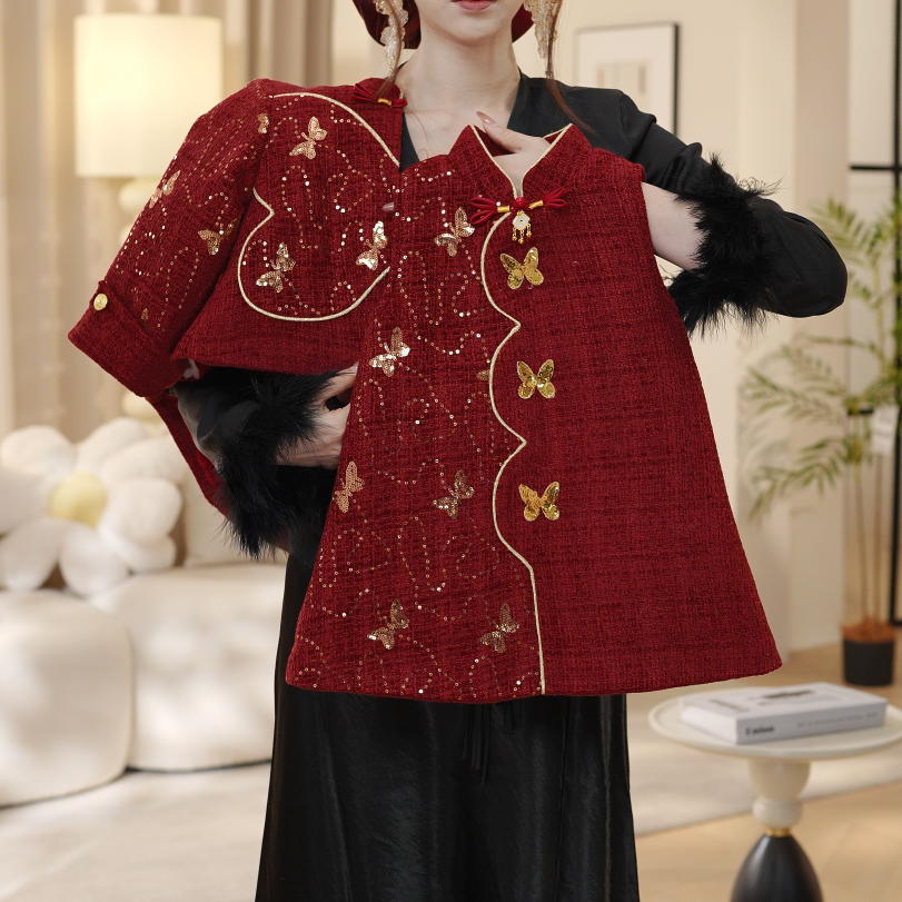 2025儿童洋气时尚红色冬季女童加厚上衣外套背心裙套装DA30919