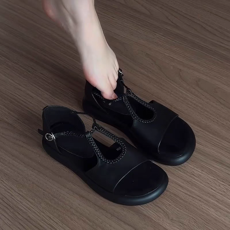 小妍复古罗马凉鞋女2025年新款夏季外穿配裙子百搭平底沙滩凉拖鞋