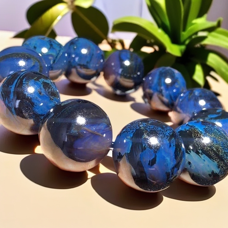 馆藏级特级缅甸纯天然原矿星际蓝琥珀满蓝超大21+尺寸手串