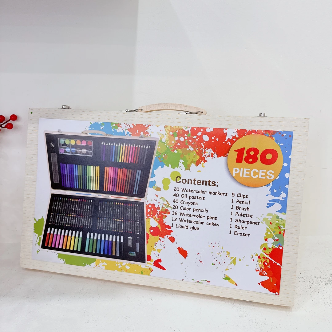 木盒水彩笔绘画套装幼儿园美术用品送礼佳品180件套（随机发货）