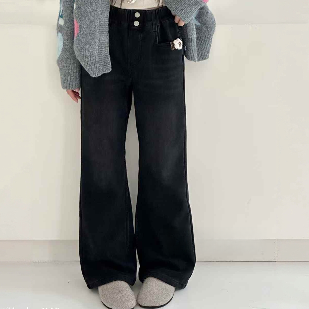 女童25冬潮流勾线小花加绒裤子0315