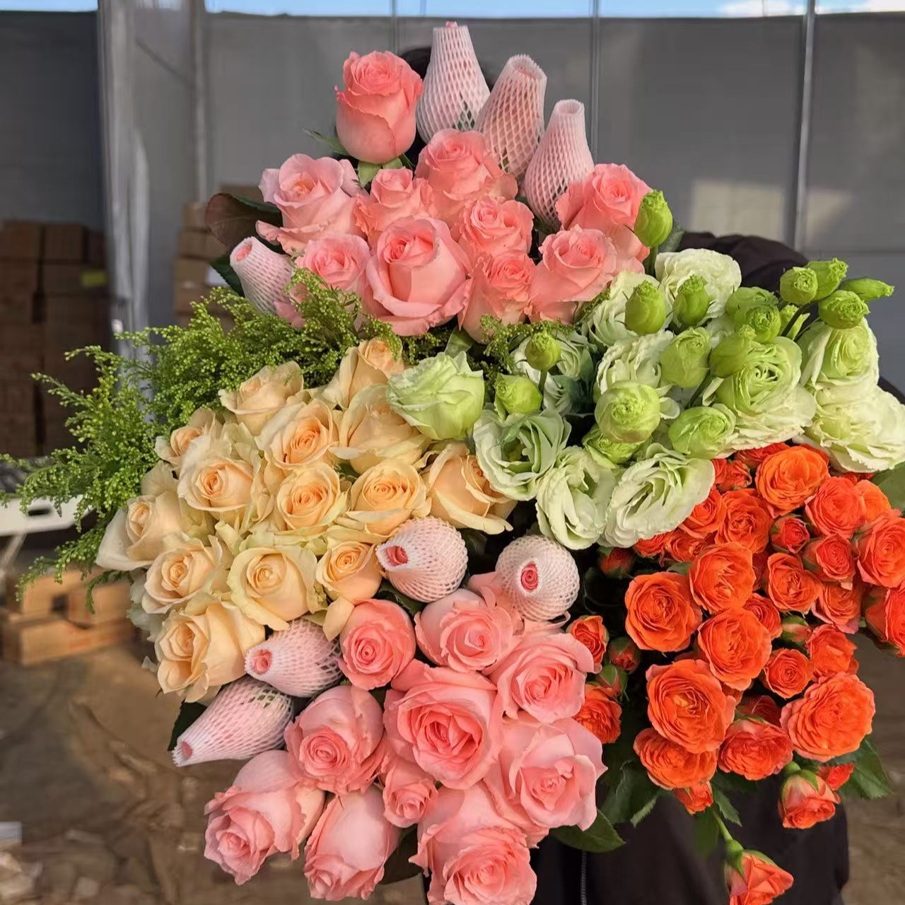 【爆款福利】10枝香槟+10枝粉玫瑰+3枝橙芭比+康乃馨 +配草      