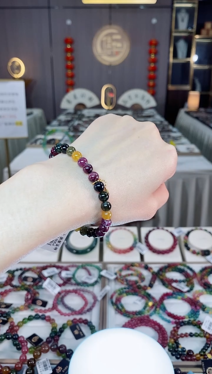 未镶嵌老矿碧玺色标彩虹单圈手串6mm+碧玺dan多样性发货一条