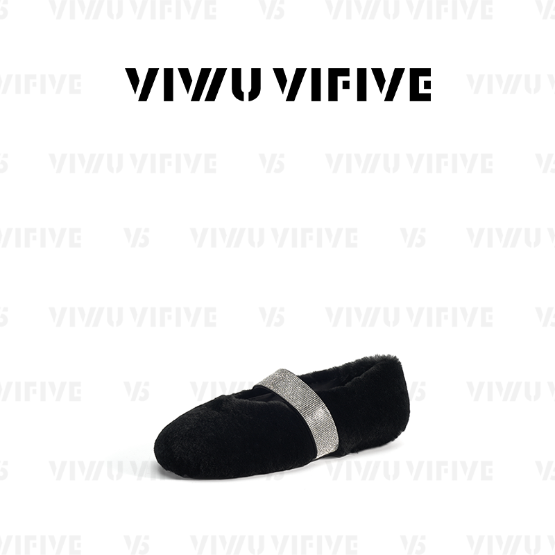 V5「黑瓷」水钻带毛茸茸玛丽珍芭蕾风兔毛平底鞋子女款爆款2026新款