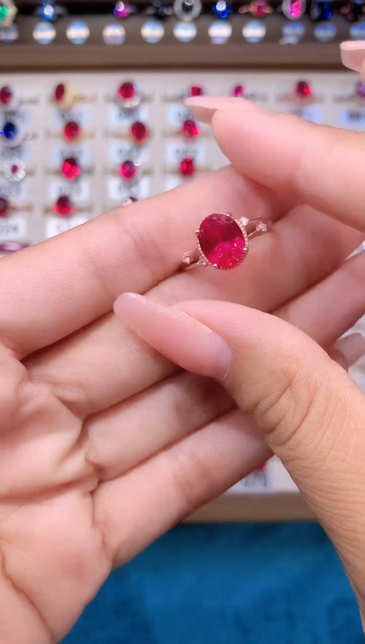 红宝石戒指银S925镶嵌玫瑰金810