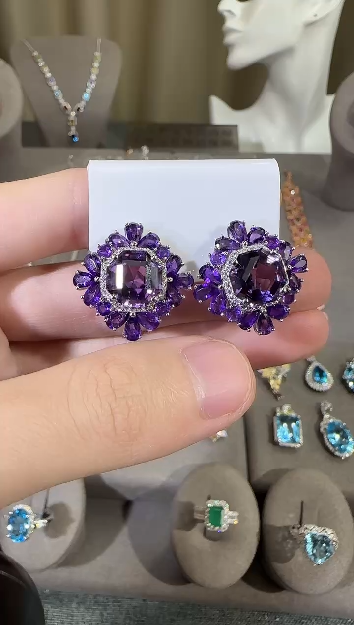 银S925镶嵌耳饰紫晶21mm耳钉高级款