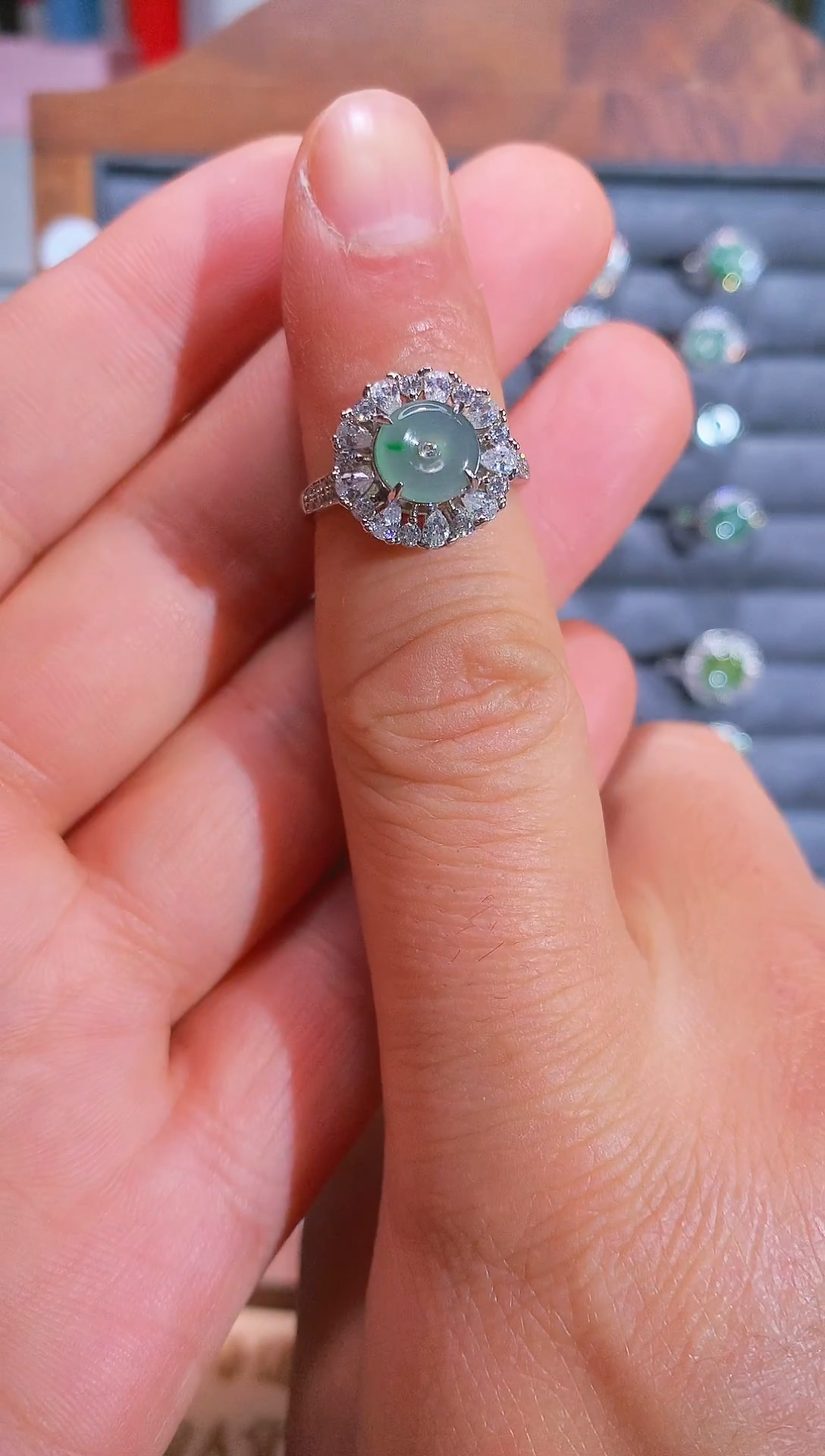 银S925镶嵌戒指翡翠Y*?S925银镶翡翠平安扣女饰品