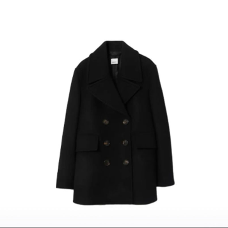 未使用 BURBERRY/博柏利 纯色翻领双排扣中长款大衣 女款 黑色