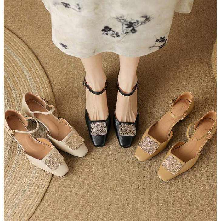 陈老板-羊皮4公分/夏季复古时尚包头凉鞋镂空方头法式女鞋008