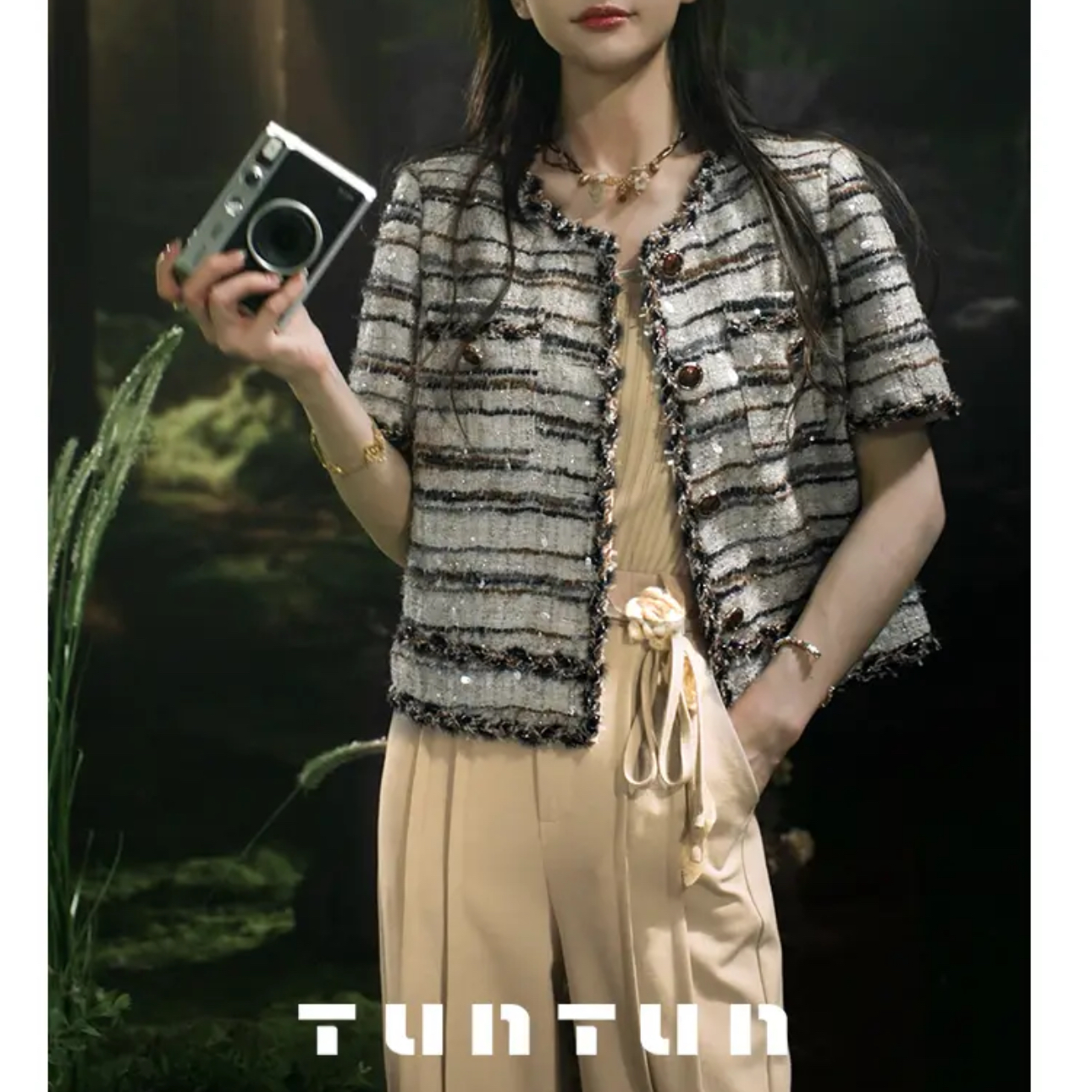 小众设计【千金玛德琳】大小姐驾到 黑咖金丝亮片小香上衣女外套