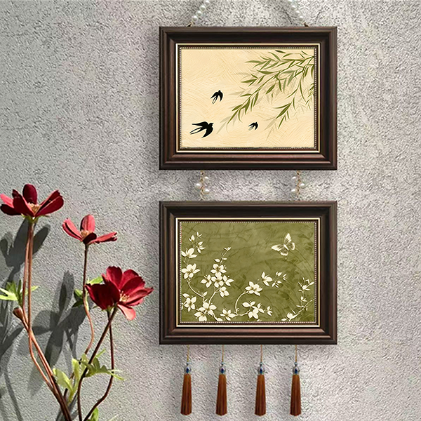 法式新中式装饰画挂画两联带珠链现代欧式餐厅客厅沙发两联流苏L