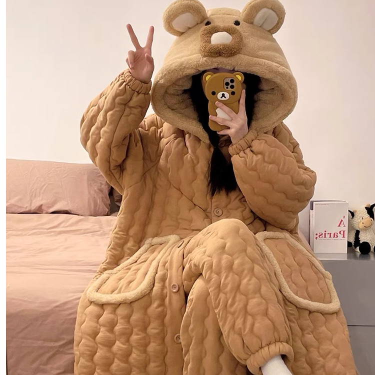 卡皮巴拉女士冬季加厚三层夹棉熊袍＋裤