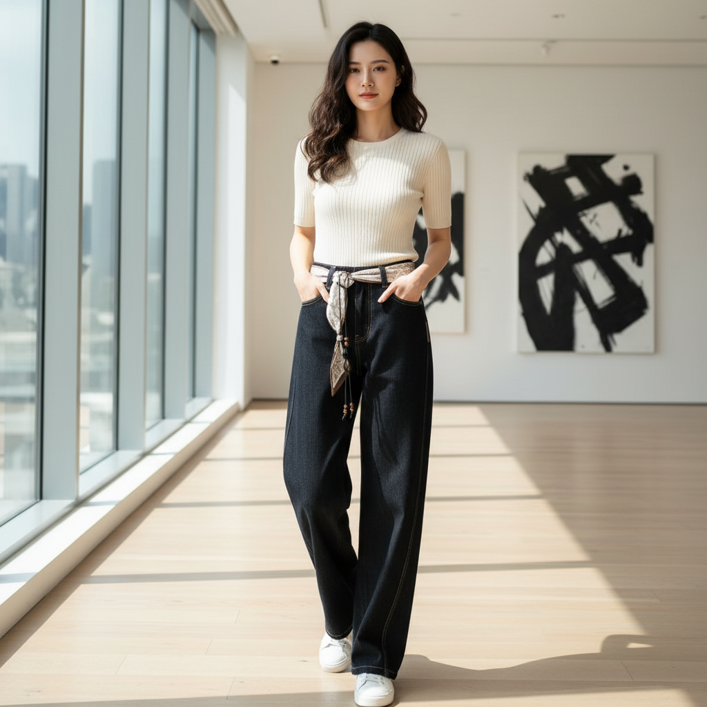 祥好服饰 韩版时尚气质抓绒直筒裤牛仔裤 65220