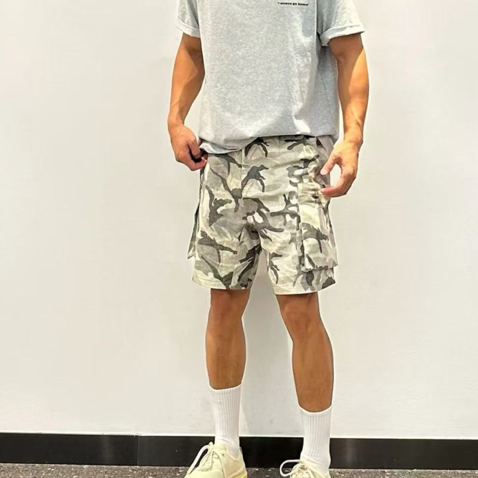 （超酷）宽松短裤男士五分迷彩工装简约风常规款短裤印花运动