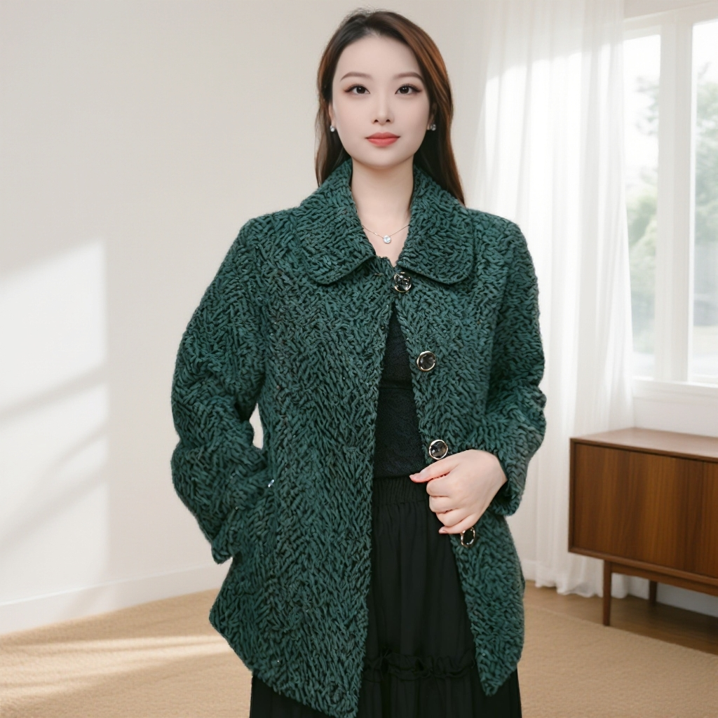 11232-秋冬新款翻领单排扣气质中老年妈妈装开衫外套女（康燕）