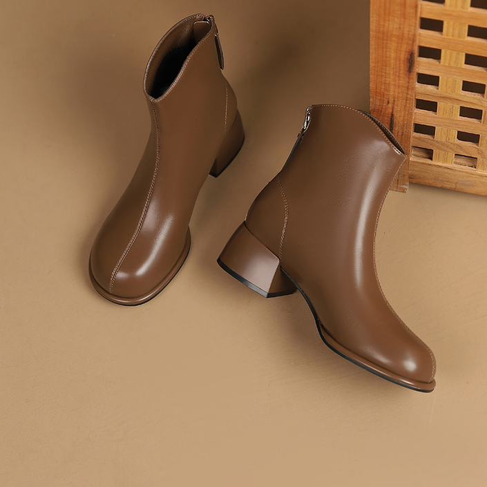 圆头粗跟时装靴女2025秋冬新款气质后拉链休闲复古百搭短靴