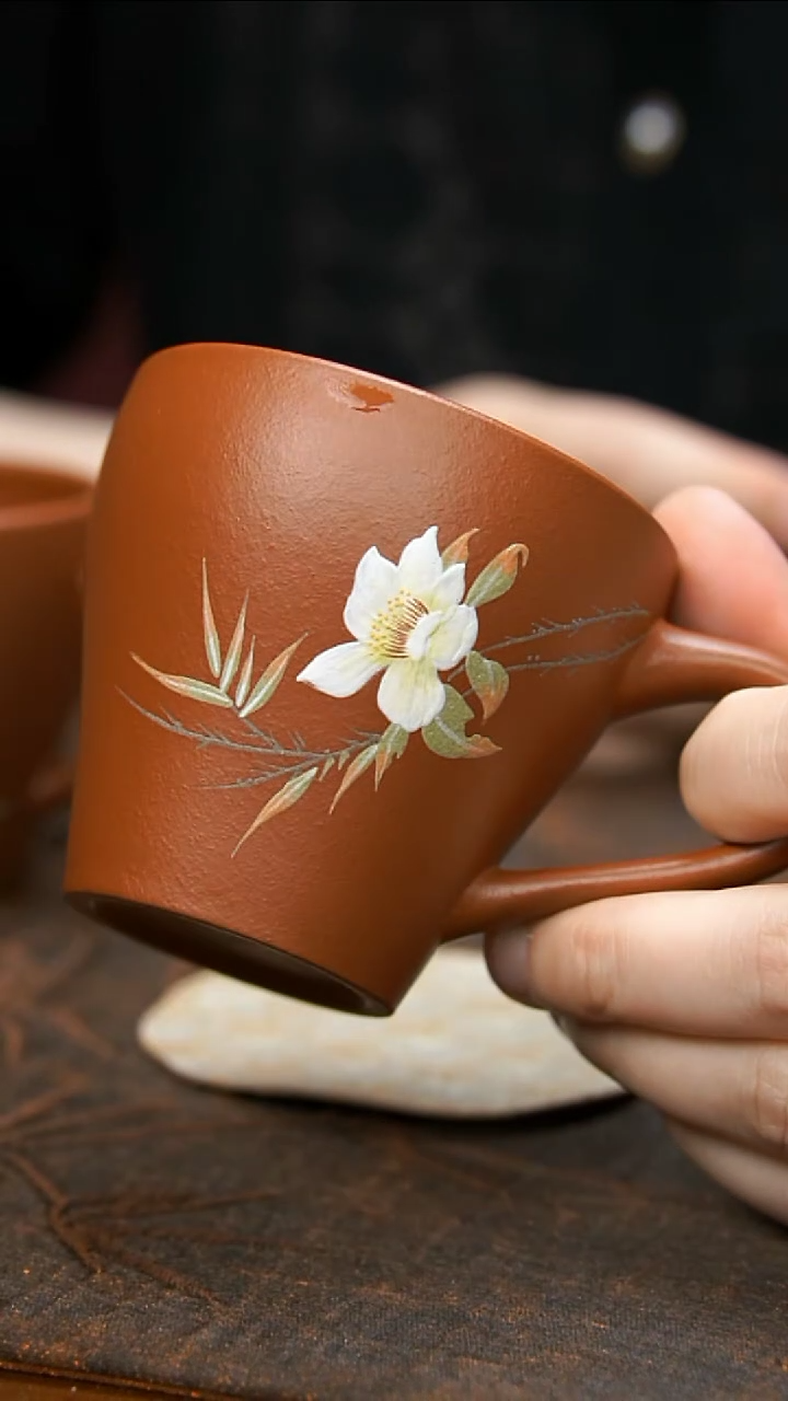紫砂茶壶朱泥白花杯