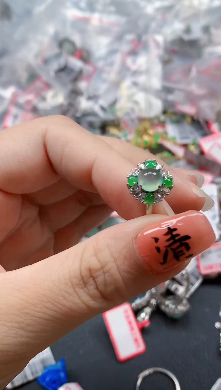 银S925镶嵌戒指翡翠天然A货缅甸翡翠