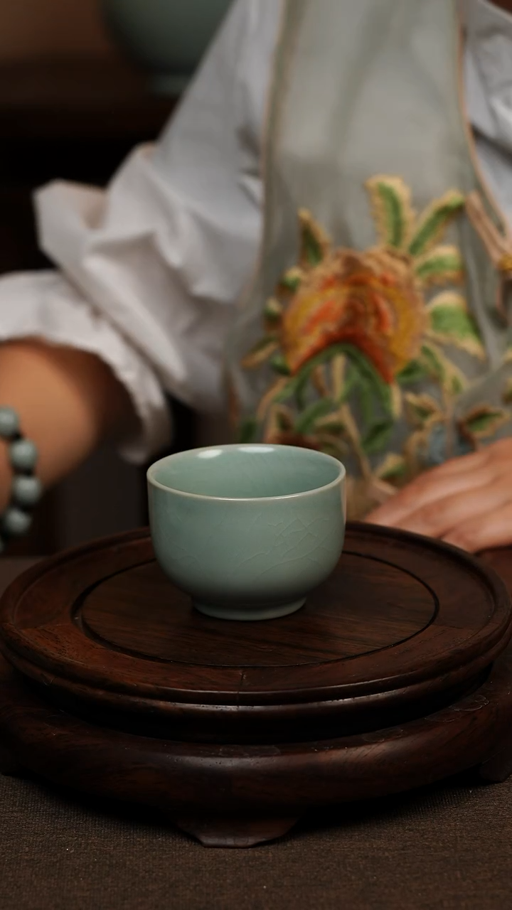 瓷片仿古天青高足禅定杯90ml 微瑕 不带礼盒