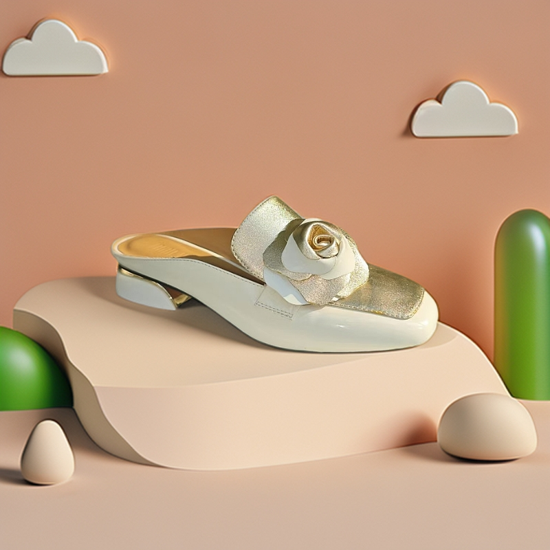 粗跟印花皮胶粘方头中国风单鞋女鞋时尚尖头穆勒鞋休闲拖R3089