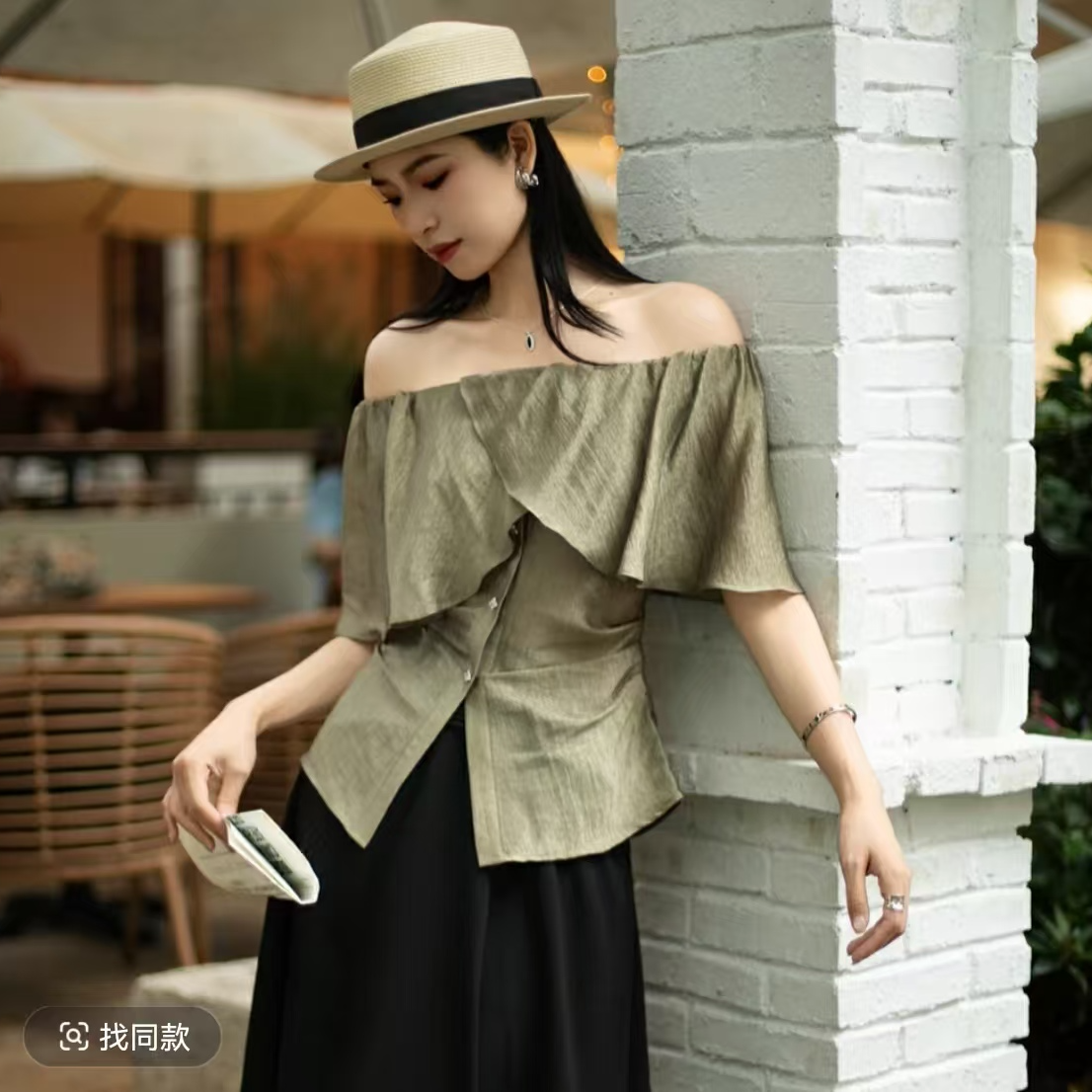 YOUMI  定格优雅 一字肩进口醋酸收腰两色褶皱衬衣