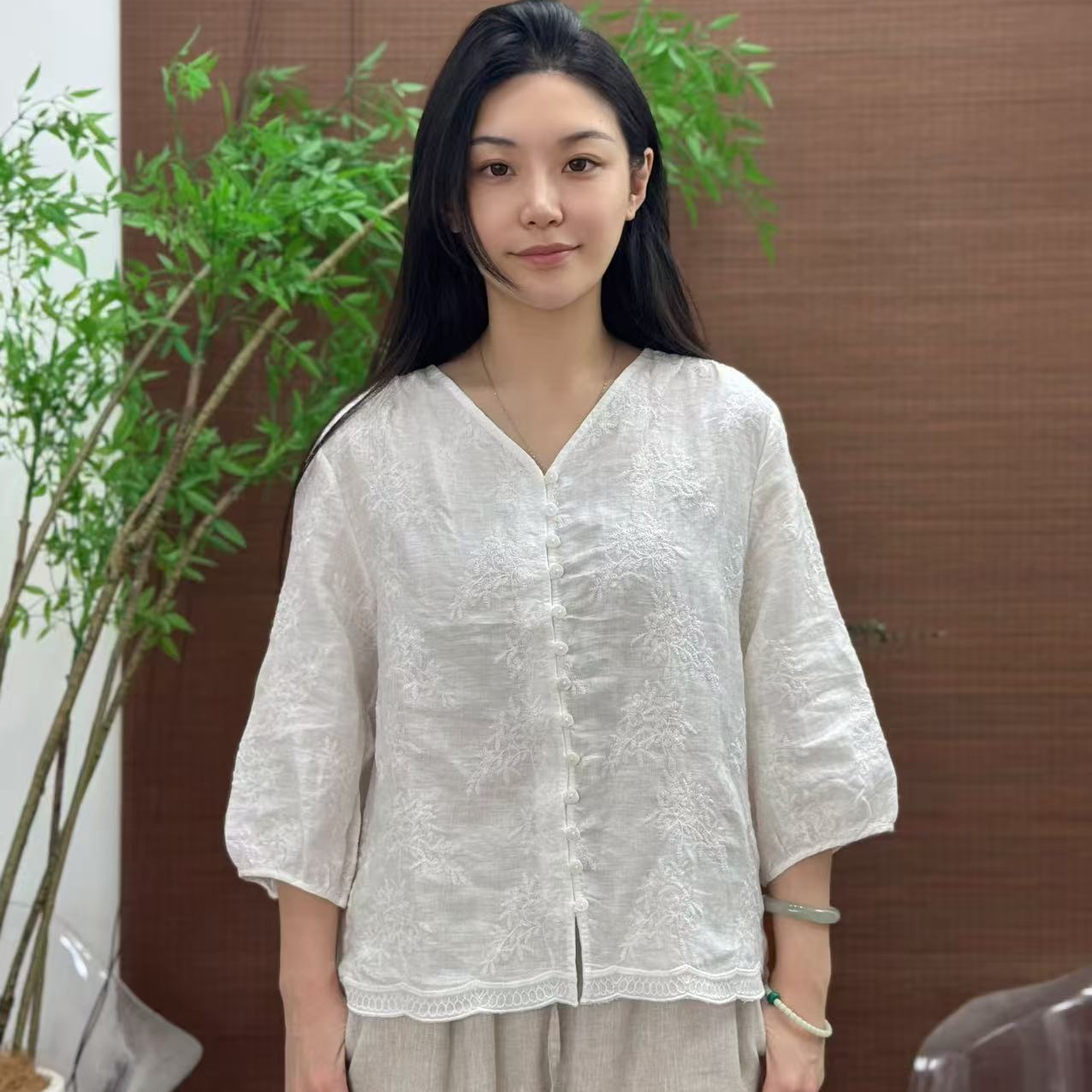 大布印花17织汉麻刺绣上衣重工设计优雅百搭透气不贴身凉爽