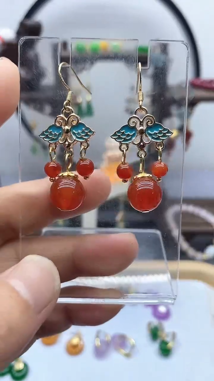 南红玛瑙14K金镶嵌耳饰132