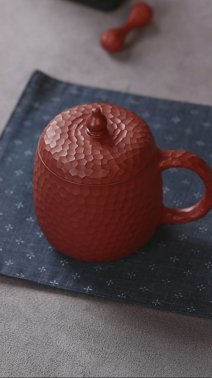 紫砂盖杯锤纹朱泥盖杯 微瑕