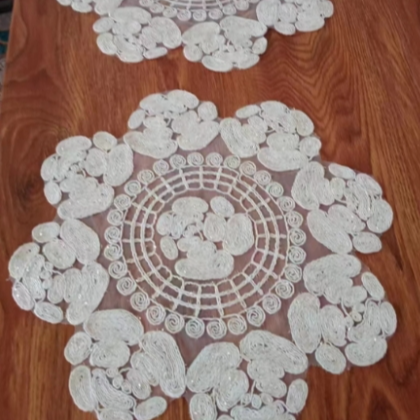 ZN085-2粗绳绣【40*40圆/对】麻本色非遗法斯麻绳绣桌布茶几盖巾