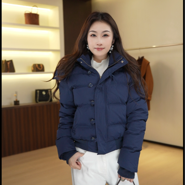 7590女短款长袖连帽保暖棉服棉衣藏蓝色女装女士休闲